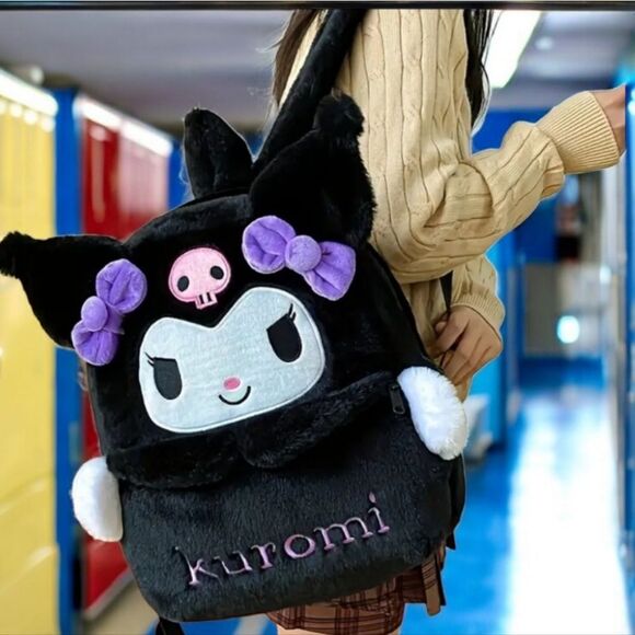 Hello Kitty Backpack Kuromi Embroidered Plush Furry Black 15" Book Bag Sanrio - Picture 3 of 14